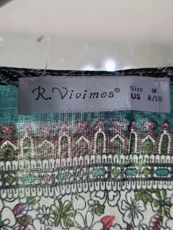 R. Vivimos Womens Dress Buttons Front Slit Teal Floral Tab Sleeves Sz M 8/10 EUC - Picture 2 of 13